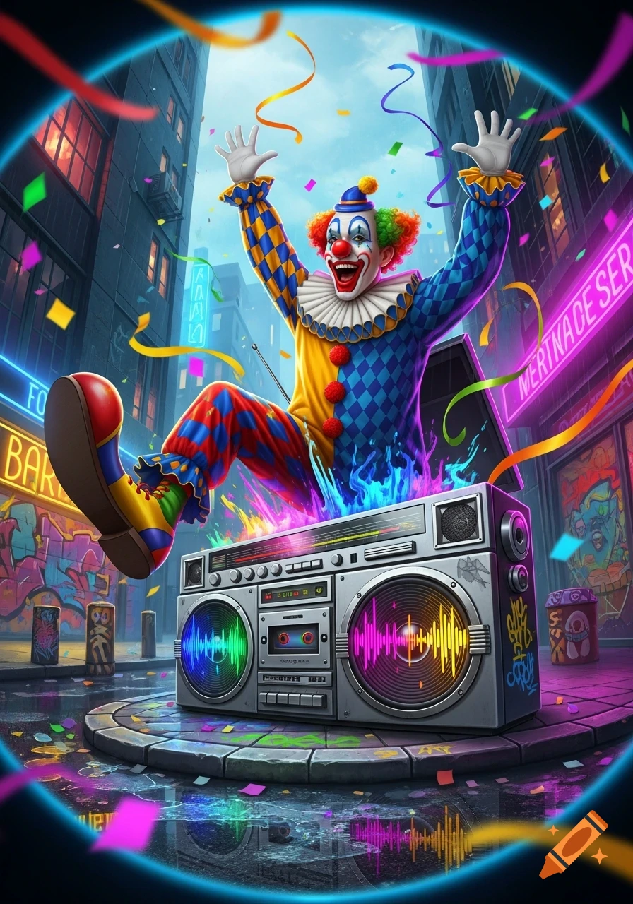 A vibrant, colorful clown in harlequin attire leaps from an opened boombox on a wet city street, surrounded by neon lights and confetti.