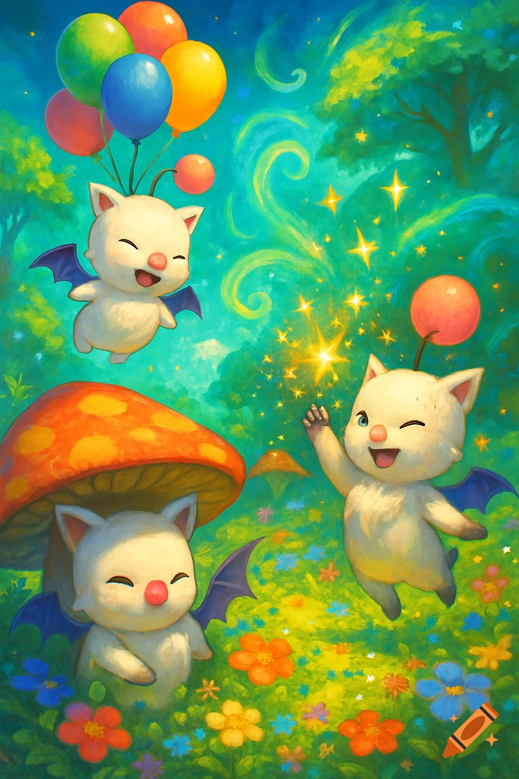 Three cheerful Moogles playing in a vibrant, magical fantasy landscape with colorful flowers, mushrooms, and balloons.