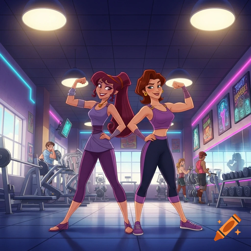 Two cartoon women, one resembling Megara from Hercules, flex muscles in a vibrant, neon-lit gym.
