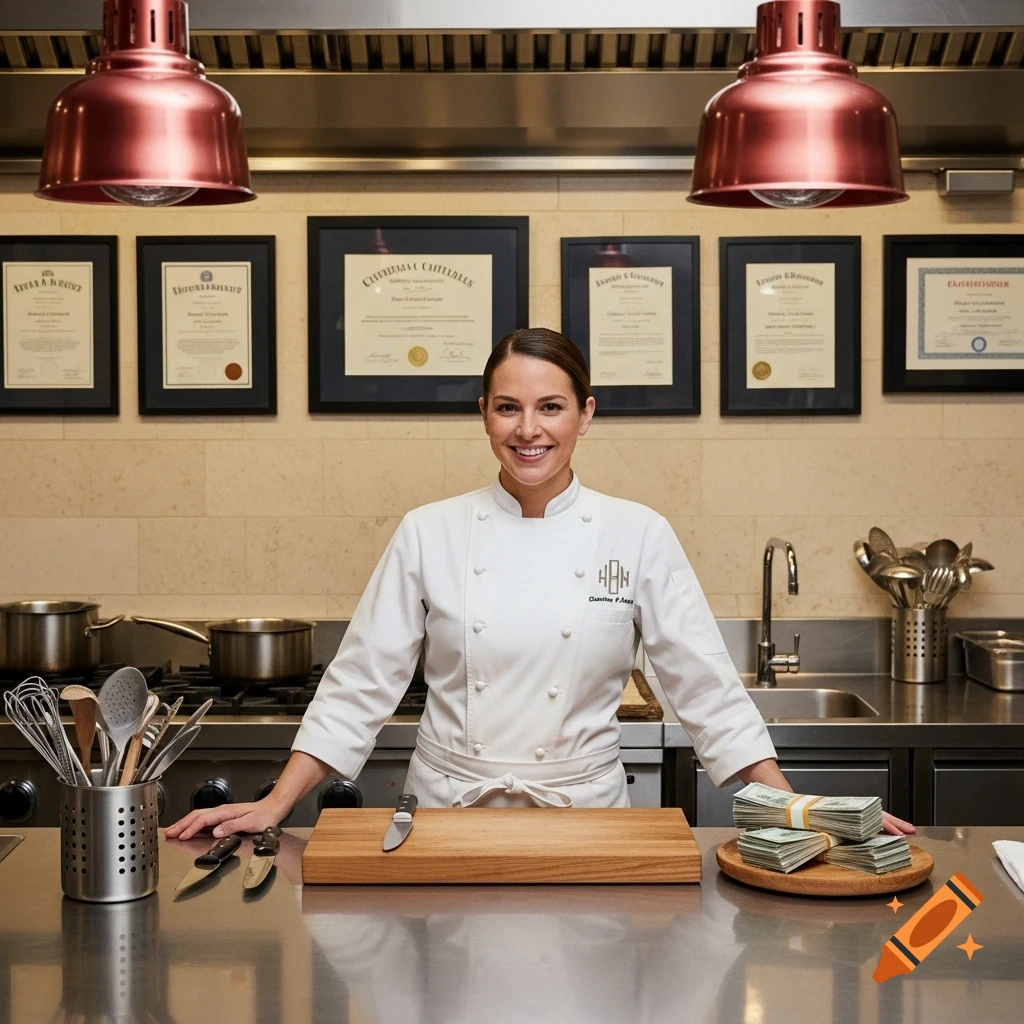 A smiling female chef in a white uniform stands in a professional kitchen, leaning on a stainless steel counter with cooking utensils, a cutting board, and stacks of money.