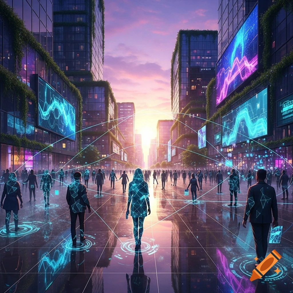 A futuristic city street at sunset, with numerous people, some glowing with digital patterns, walking amidst towering buildings with large data screens.