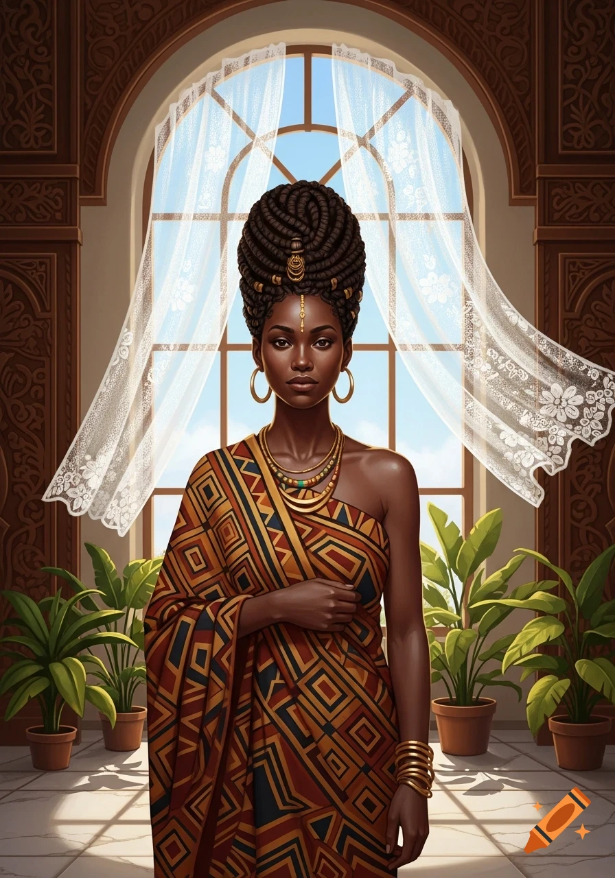 A regal Black woman in a patterned traditional dress and elaborate braided hairstyle stands by an arched window with sheer curtains.