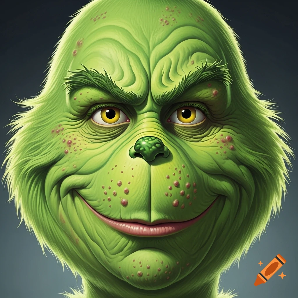 A detailed close-up portrait of the Grinch, showing his green furry face, yellow eyes, wrinkles, and red pimples.