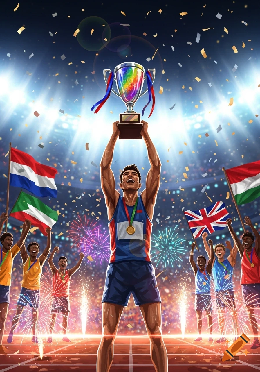 A vibrant illustration of a runner holding a rainbow trophy, celebrating in a stadium with athletes and fireworks.