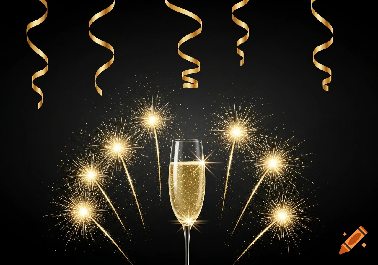 Champagne flute with golden champagne, surrounded by sparkling golden fireworks and ribbons on a black background.