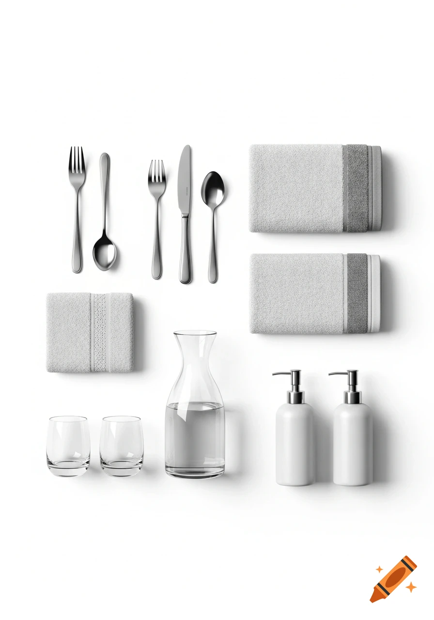 A minimalist product image displaying an assortment of guestroom supplies: silverware, folded white towels, two glasses, a water carafe, and two white pump bottles, all arranged on a pristine white background.