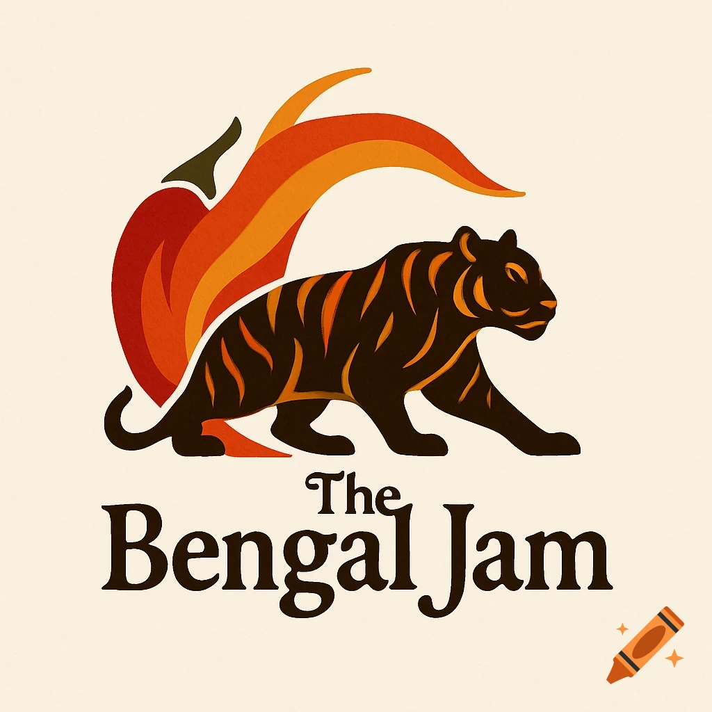 A stylized logo featuring a dark brown tiger with orange stripes, a red chili pepper with orange flames, and the text 'The Bengal Jam' on a cream background.