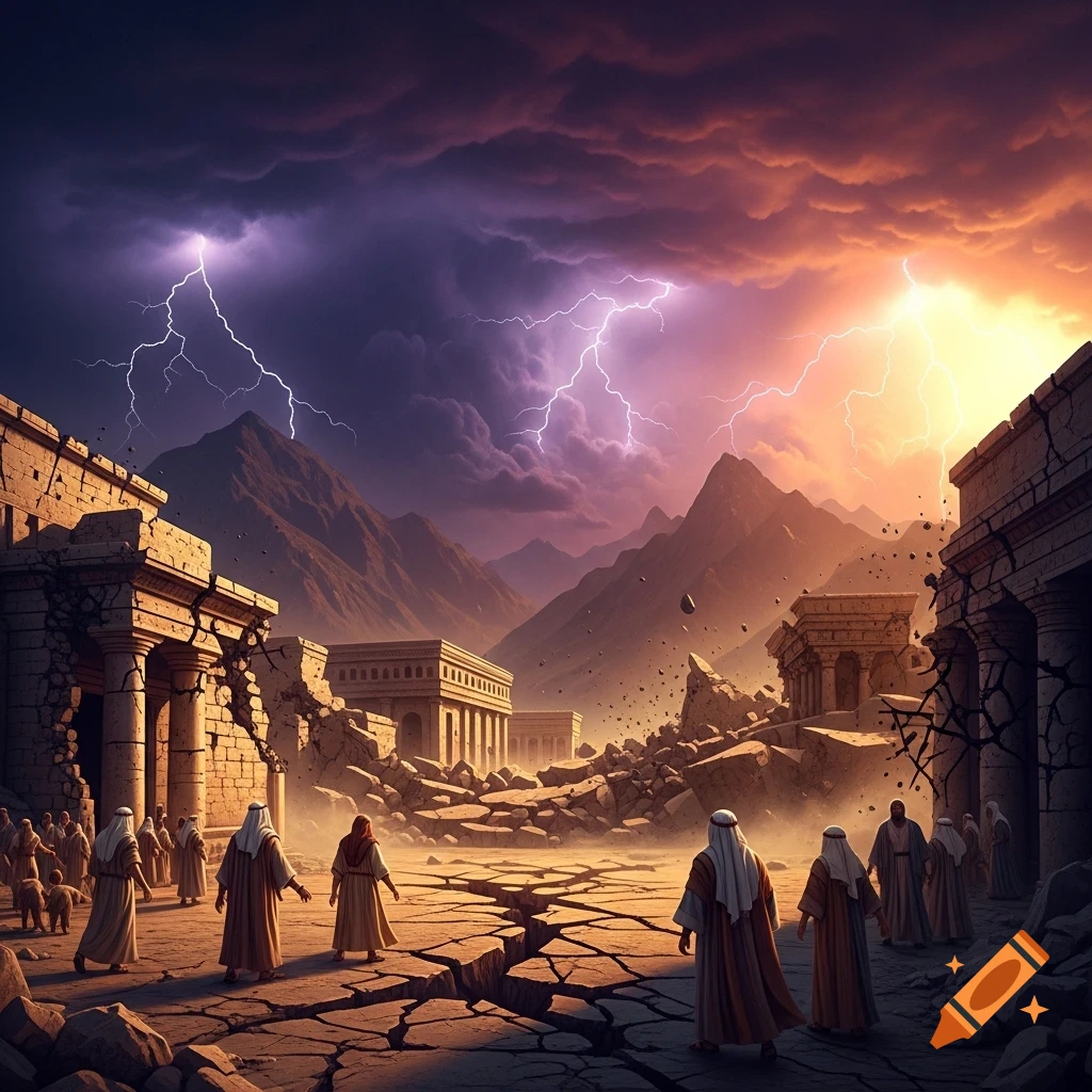 Figures in ancient robes walk through a ruined city with ground cracks, under a stormy sky illuminated by dramatic lightning.