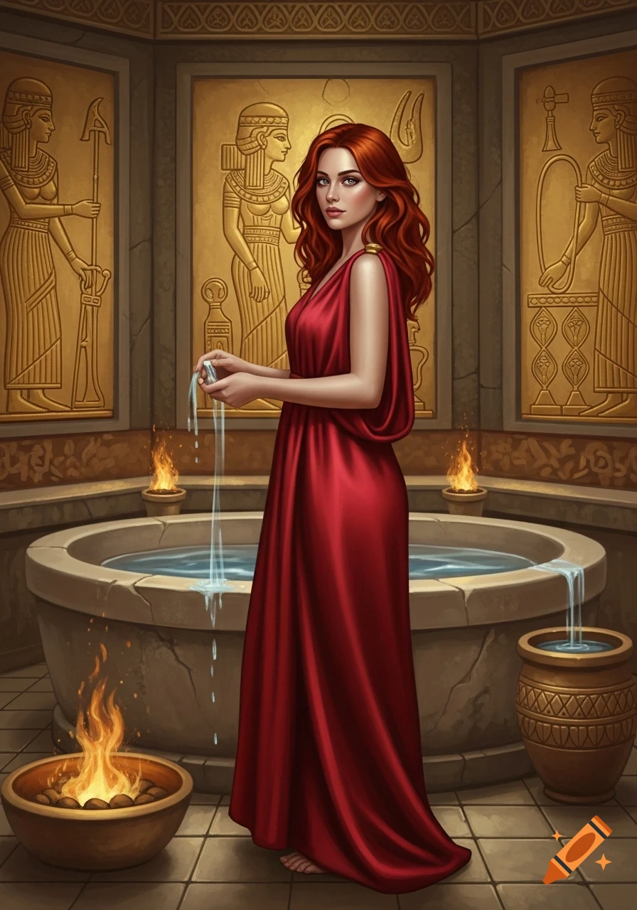A red-haired woman in a red silk dress pours water in an ancient bathhouse with golden murals, digital art.