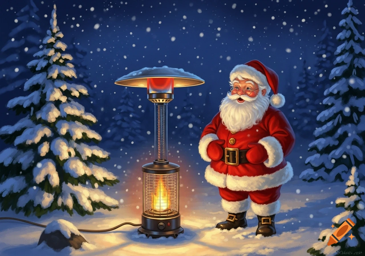 Jolly Santa Claus warms himself by a patio heater in a snowy, moonlit forest with fir trees.