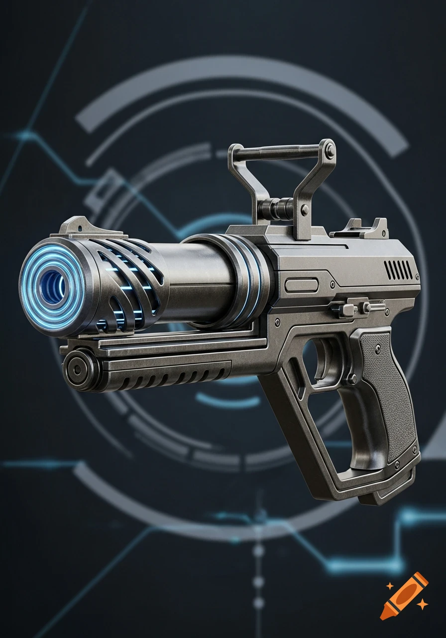 A detailed, grey, futuristic magnetic gun with a glowing blue barrel against a dark, sci-fi background.
