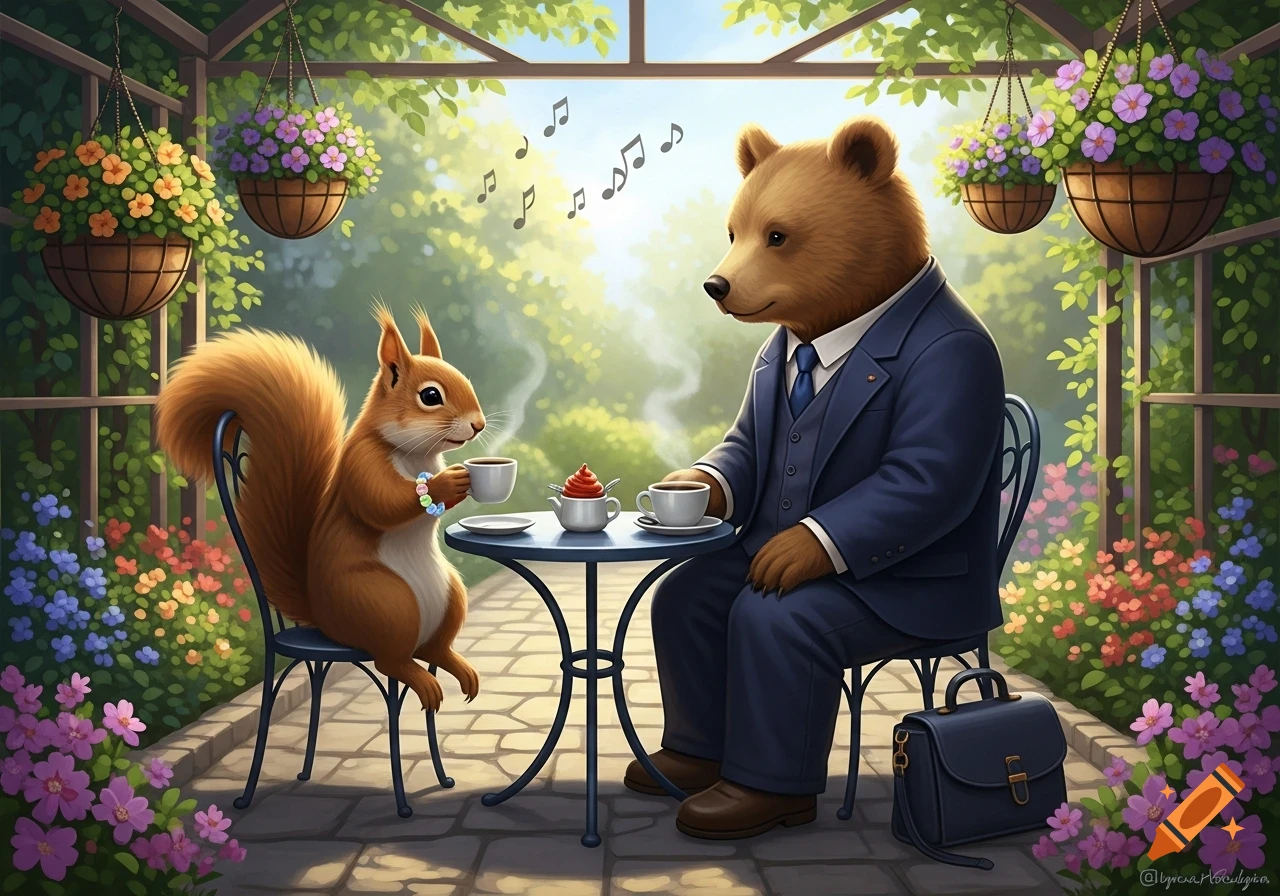 An illustrated scene of a squirrel with a pastel bracelet and a bear in a suit drinking coffee at a sunny garden cafe.