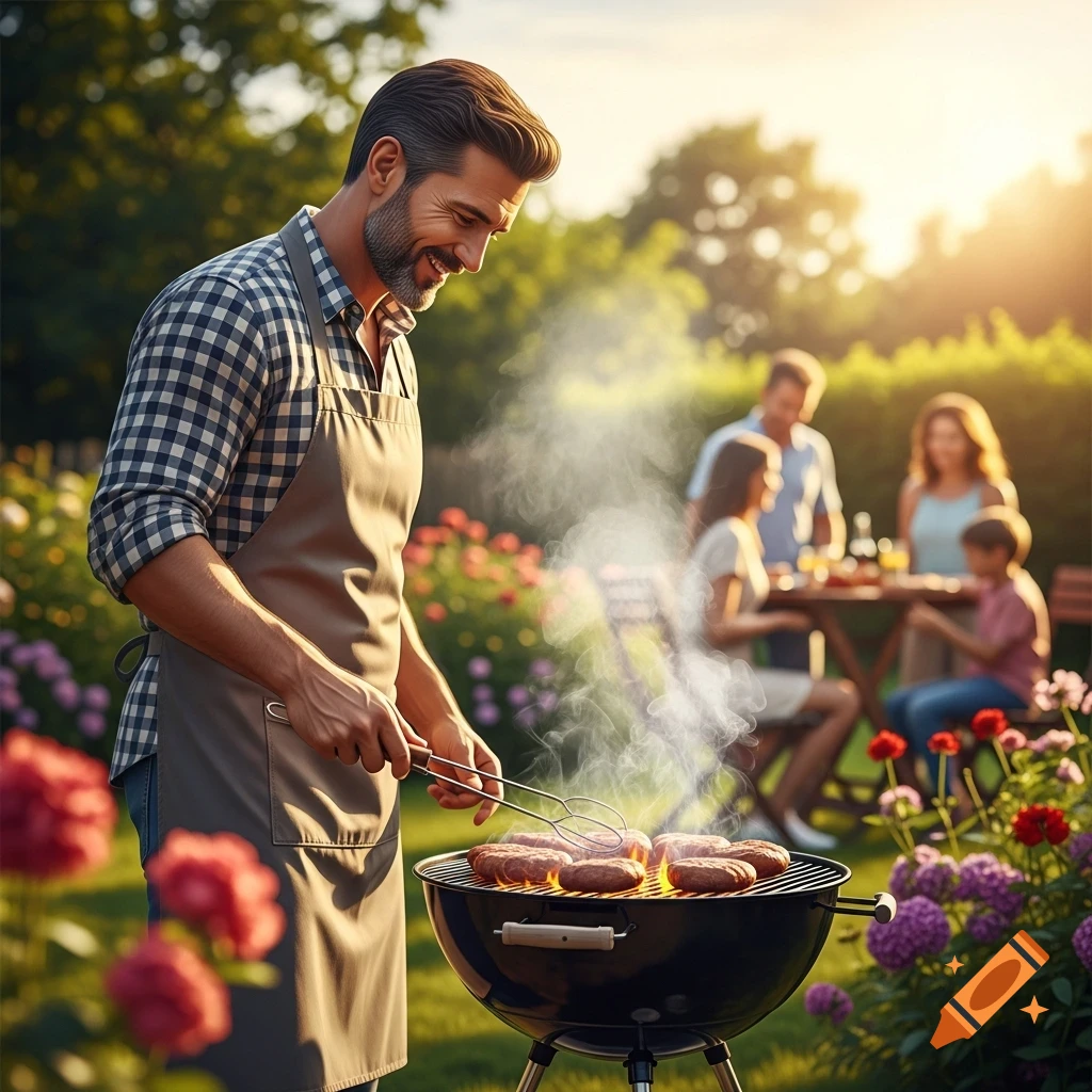 A smiling man in an apron grills burgers outdoors while a family gathers at a table in the sunny background.