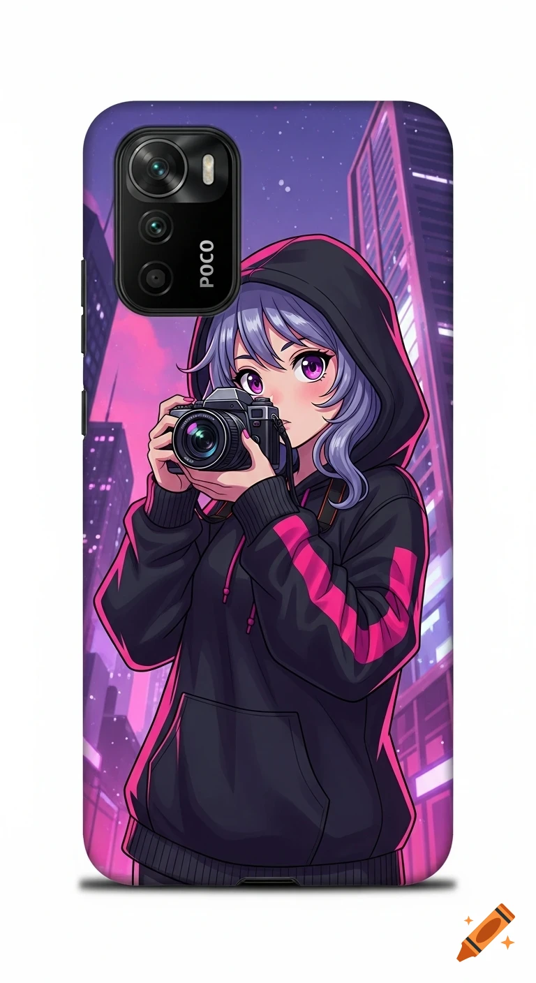 Anime girl in a black hoodie with pink stripes holds a camera against a neon cityscape, designed for a phone cover.