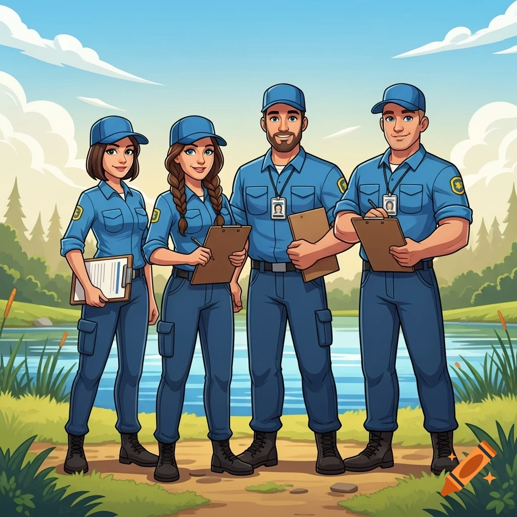 Four cartoon health inspectors, two men and two women in blue uniforms, smiling and holding clipboards by a lake in a forested area.