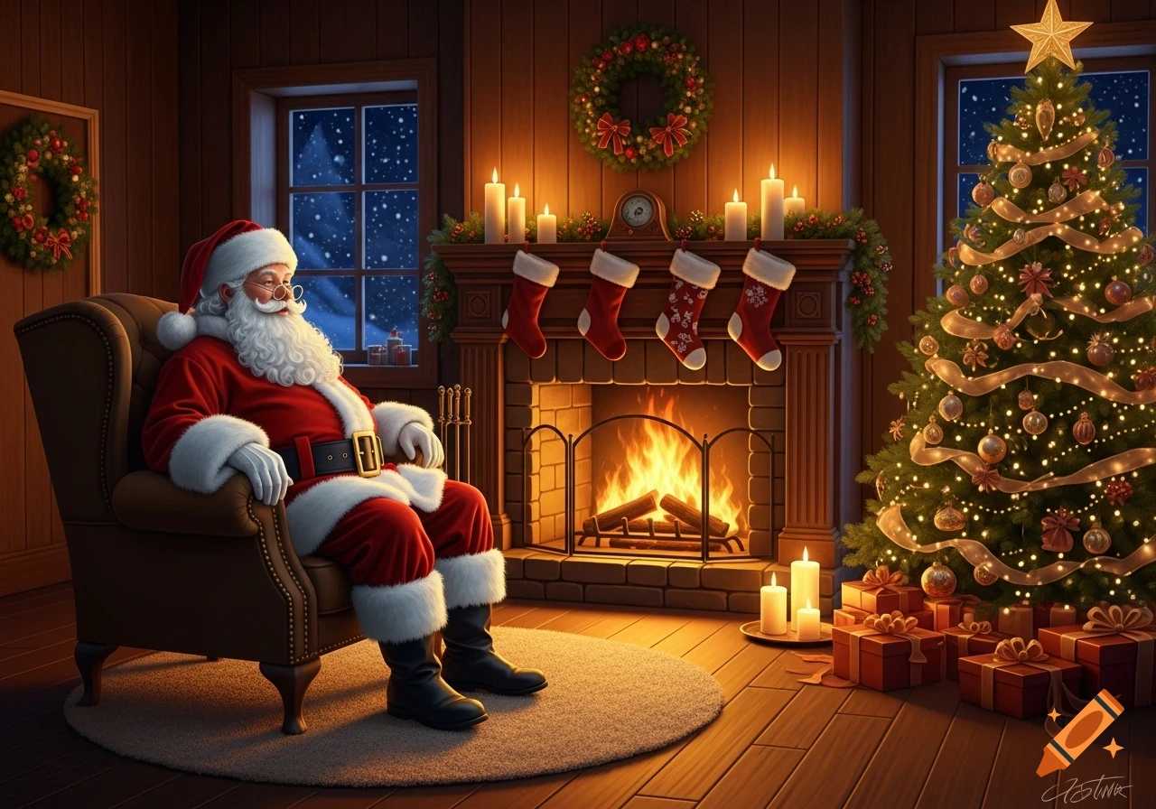 Santa Claus relaxes in an armchair by a warm fireplace and a brightly lit Christmas tree in a cozy room.