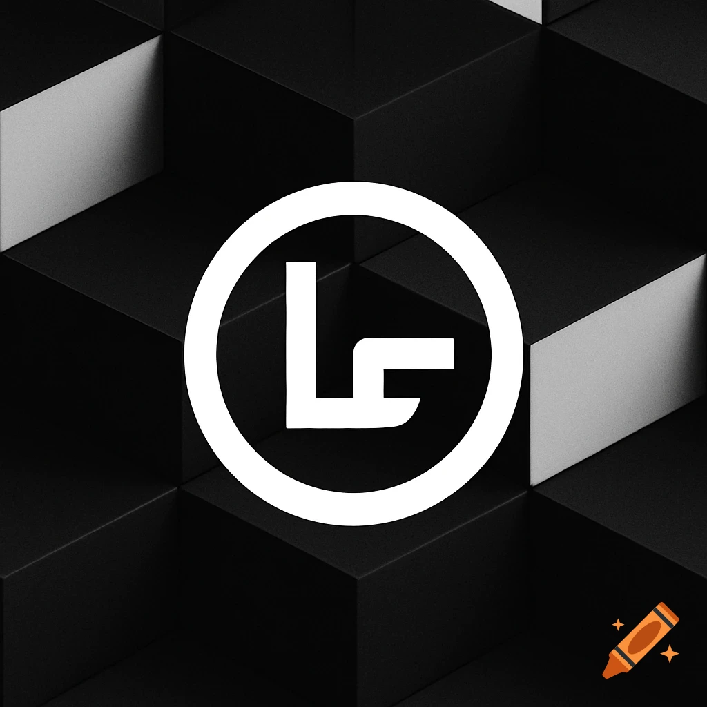 A white stylized logo in a circular outline over a backdrop of black and white isometric cubes.