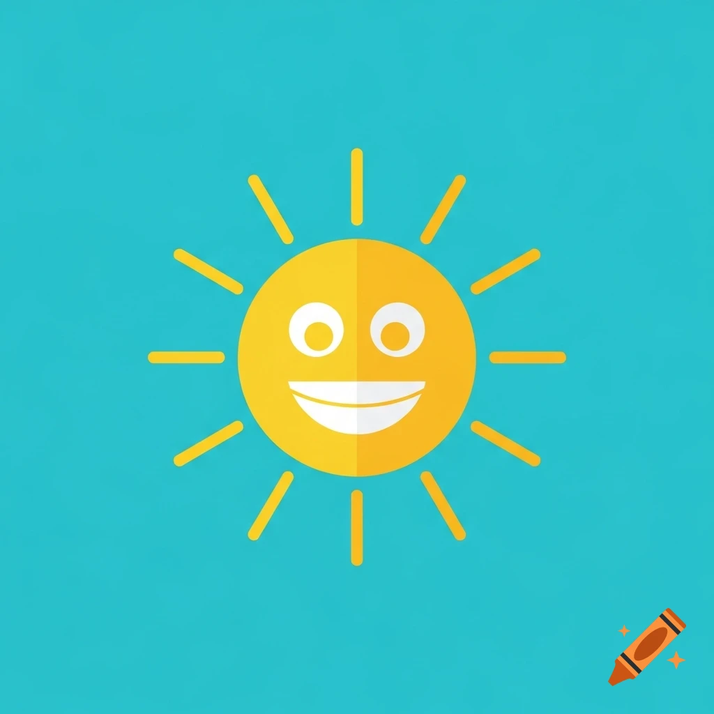 A smiling yellow sun icon with rays on a bright blue background.