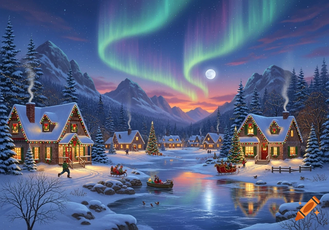 A festive winter village scene with snow-covered houses, Christmas lights, and people sledding under green northern lights.
