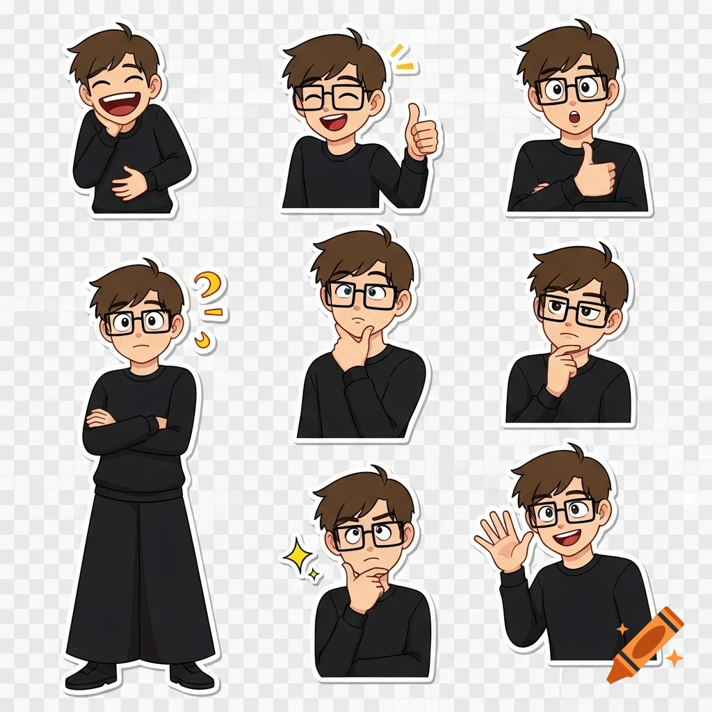 A collection of cartoon stickers featuring a brown-haired man in glasses and a black outfit, showing emotions like laughing, winking, surprise, confusion, and waving.