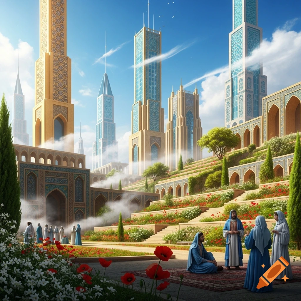 A grand cityscape blends traditional Middle Eastern architecture with futuristic skyscrapers, surrounded by terraced gardens and people in traditional robes.