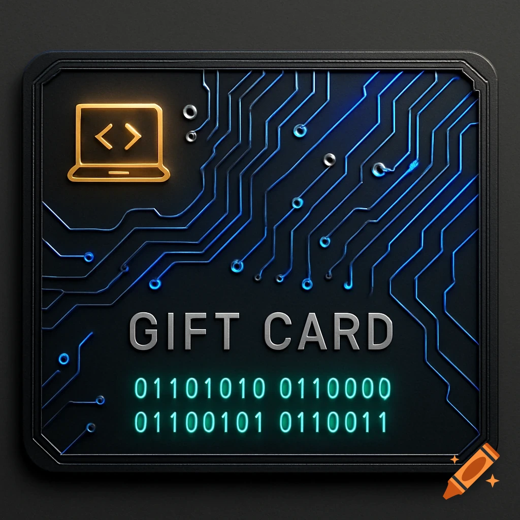 A black digital gift card with glowing blue circuit lines, a golden laptop icon, and 'GIFT CARD' text with green binary code.