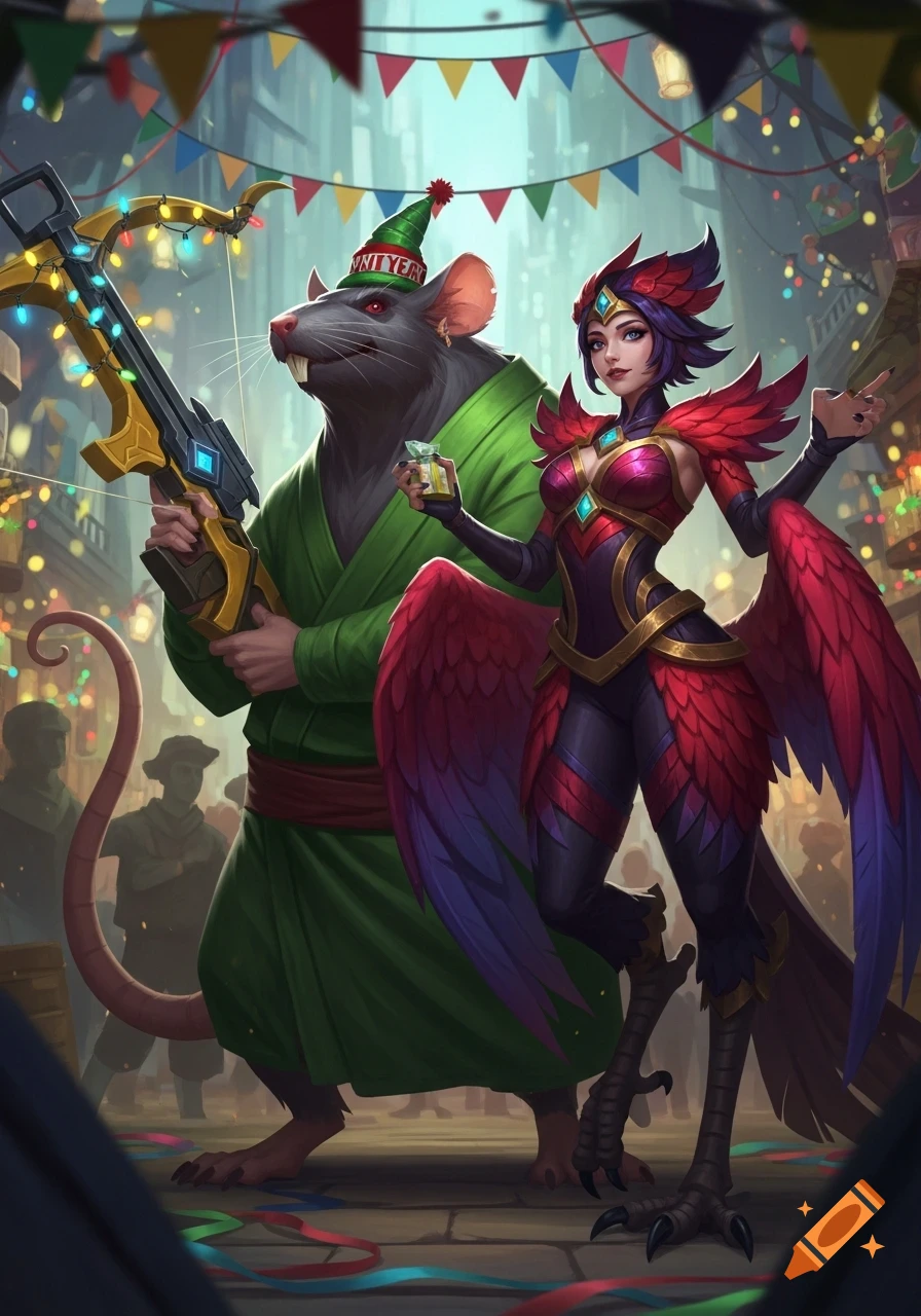 A festive fantasy illustration features Twitch, a rat-like character in a New Year's hat holding a light-strung crossbow, and Zayah, a bird-woman, celebrating in a decorated street.
