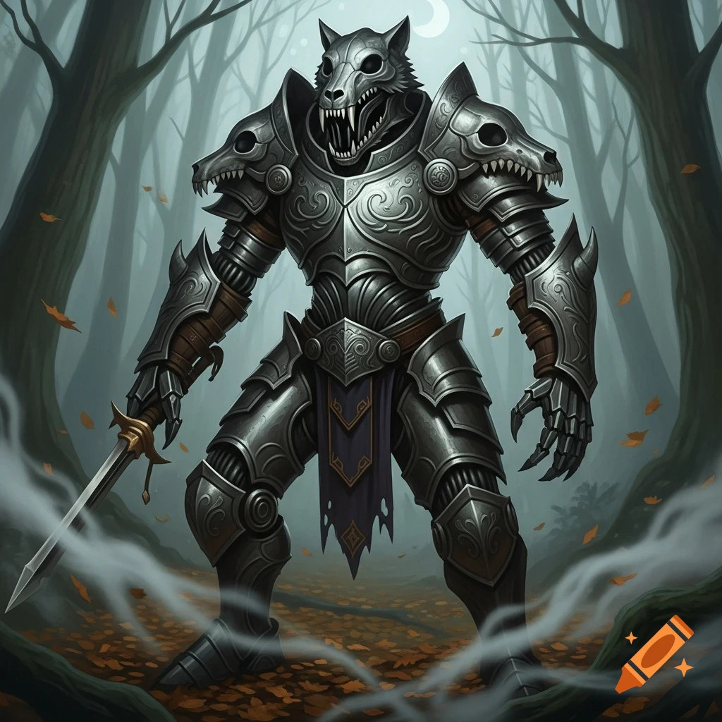 A wolf-headed knight in ornate silver armor stands in a misty forest, holding a sword. Digital art.