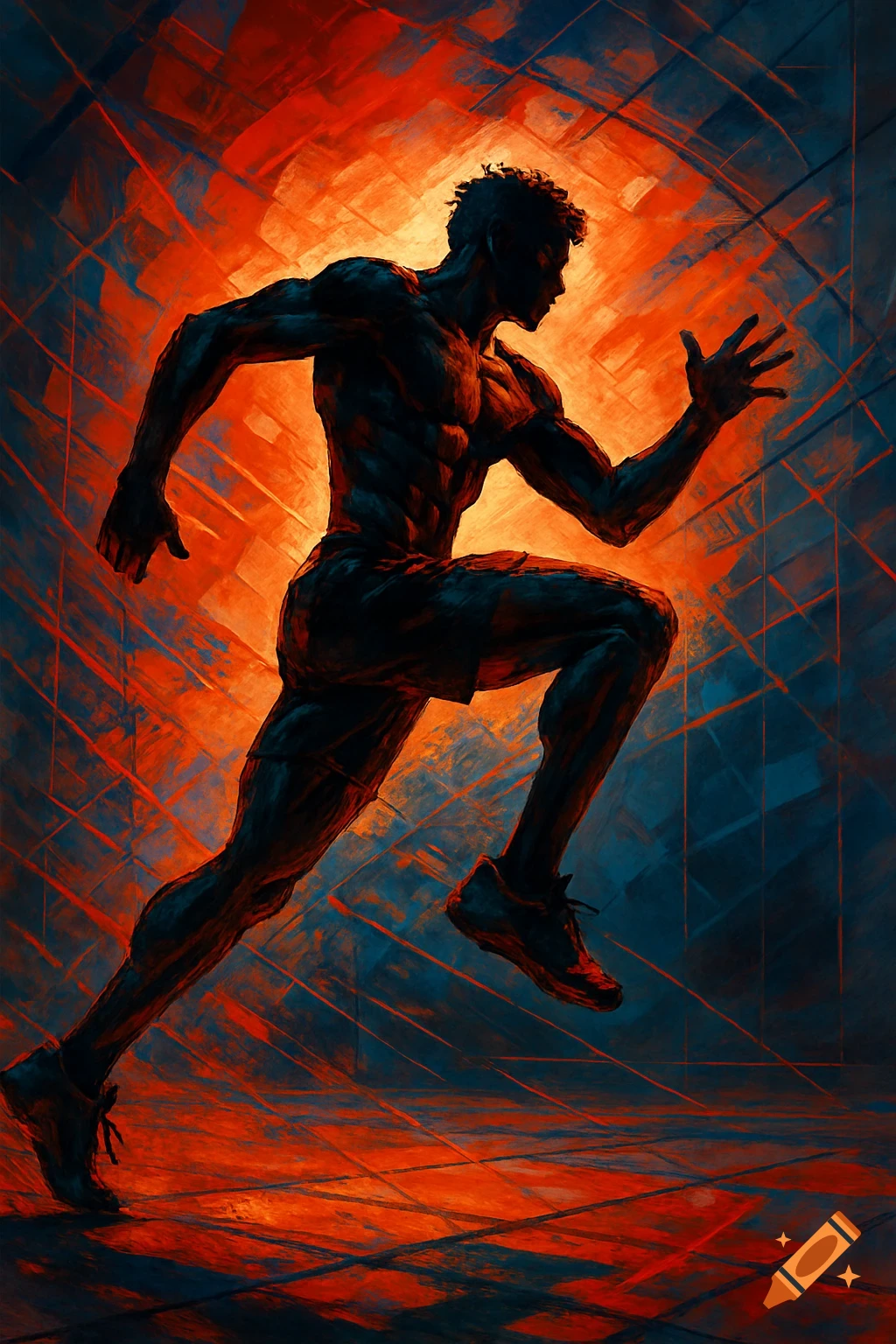 Dynamic, stylized painting of a muscular male runner in shorts against a vibrant red and blue abstract background.