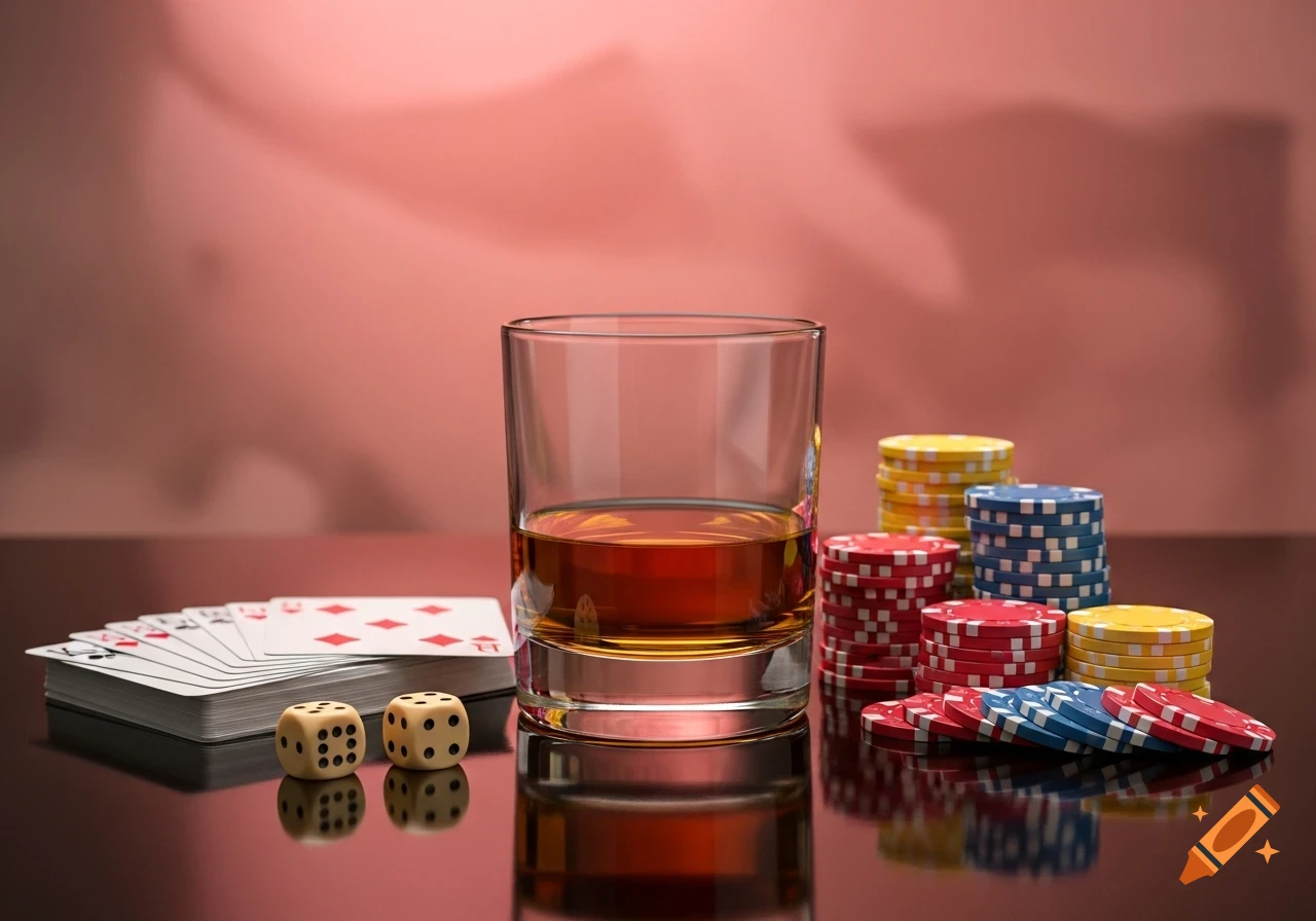 A glass of whiskey, poker chips, playing cards, and dice on a reflective surface with a pink background.
