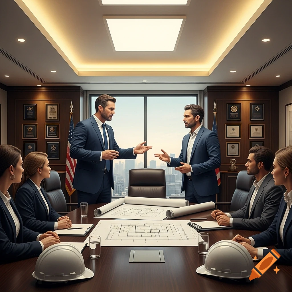 Photorealistic image of a business meeting in a boardroom. Two men discuss while others observe at a table with blueprints and hard hats.