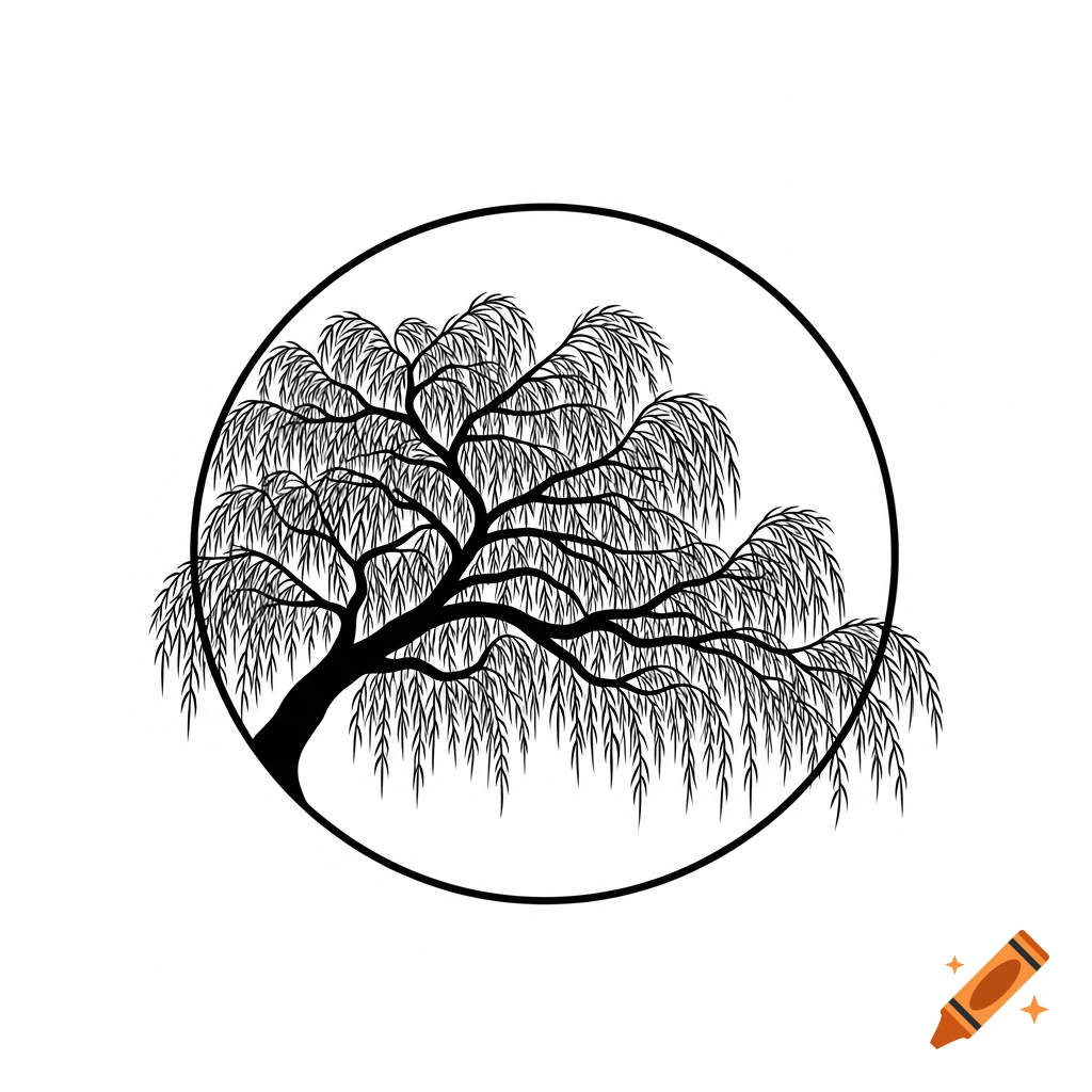 Black and white minimalist illustration of a weeping willow tree within a circular frame.