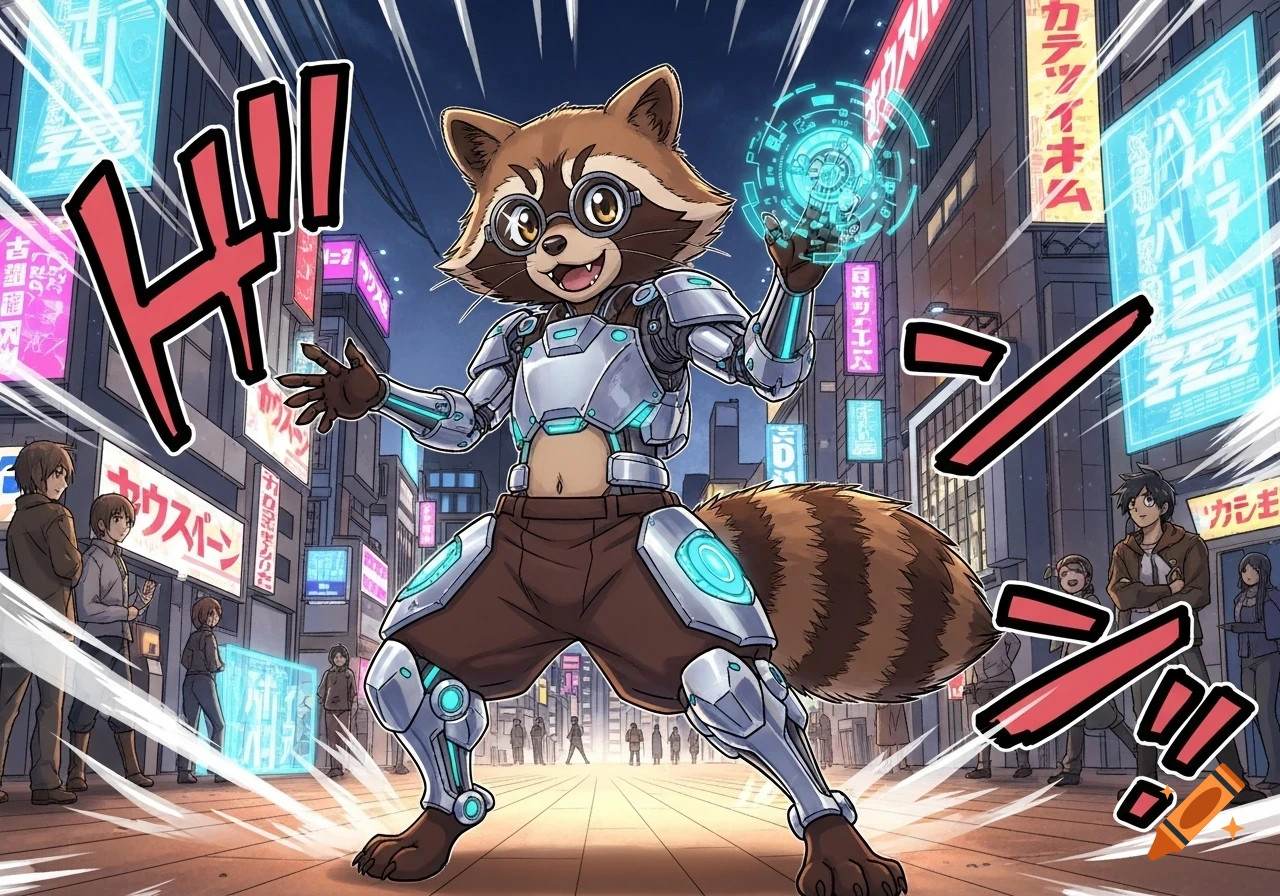 Manga style raccoon character in robot armor stands in a futuristic city street at night, holding a glowing blue orb.