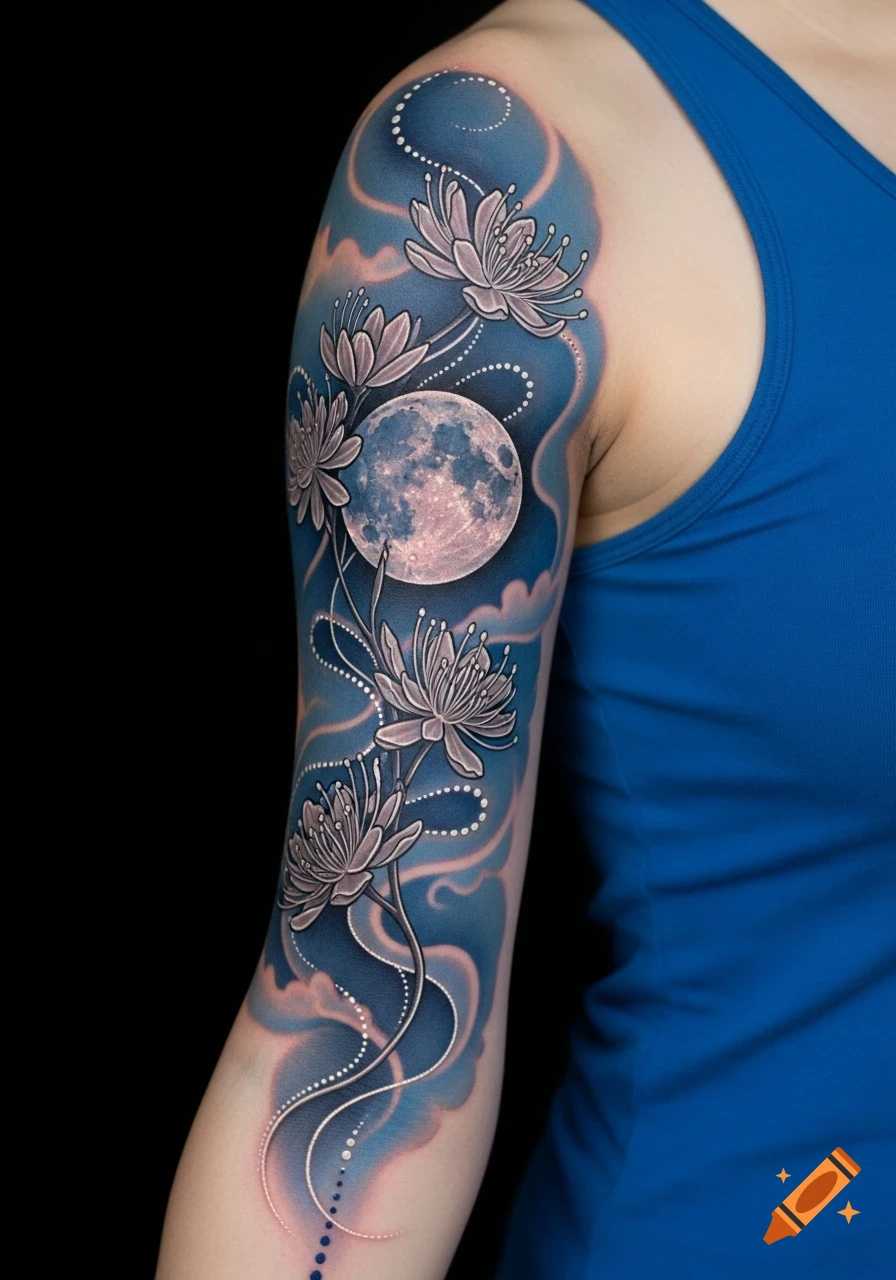 A detailed arm tattoo featuring a luminous full moon, delicate white flowers, and swirling dotted lines against a blue, cloud-like background.