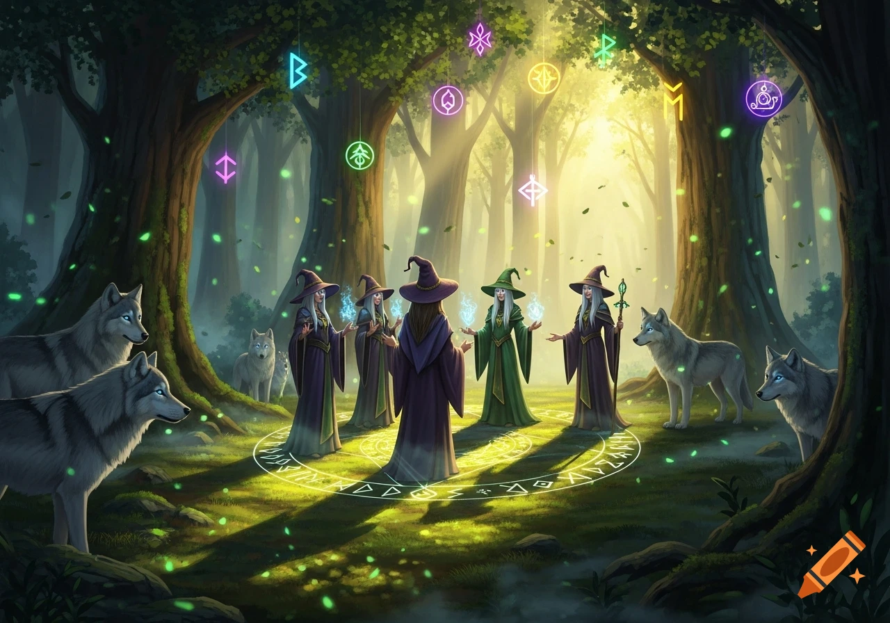 Witches and wolves gathered in a glowing magical forest with runes and a magic circle.