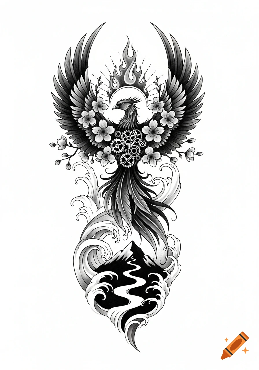 Black and white tattoo illustration of a phoenix with spread wings, cherry blossoms, gears, ocean waves, and a mountain.