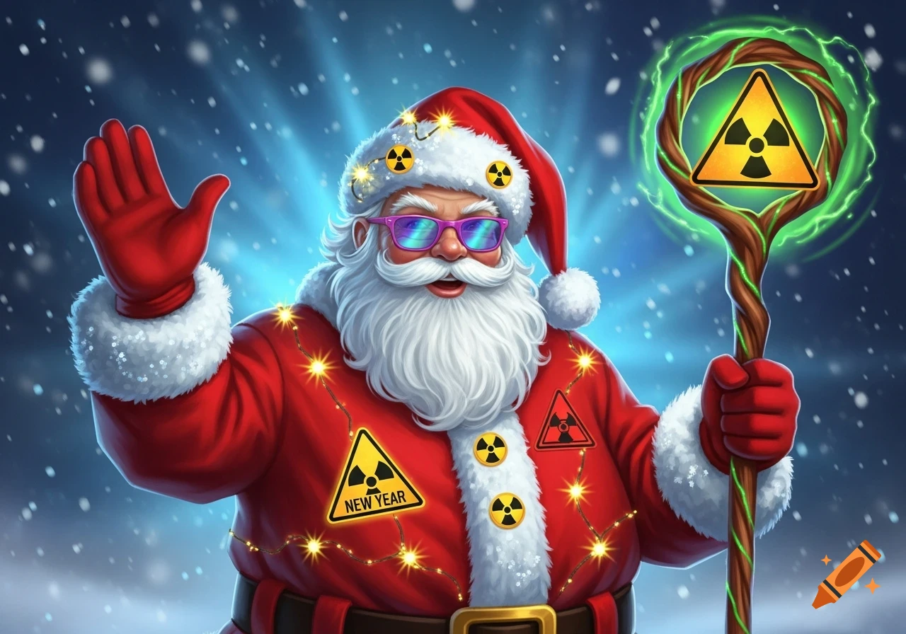 A cool Radioactive Santa Claus wearing iridescent sunglasses and a red suit decorated with radiation symbols, holding a glowing radiation staff.