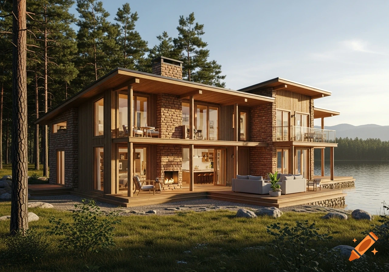 A modern house with wood and brick walls, large windows, and an overhang roof, situated by a lake with a forest in the background.