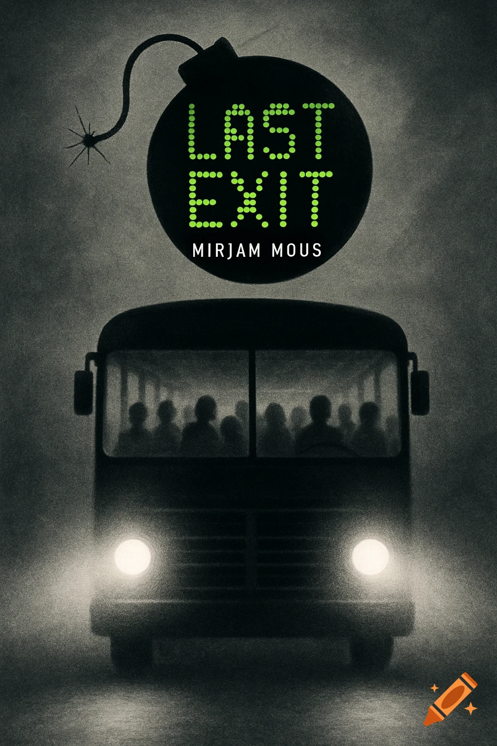A stylized, monochromatic book cover showing a dark bus with glowing headlights, passengers as silhouettes, and a green bomb displaying "LAST EXIT" in dot-matrix text with "MIRJAM MOUS" below it.