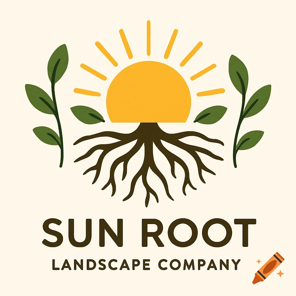 A logo for Sun Root Landscape Company featuring a stylized sun, roots, and leaves.