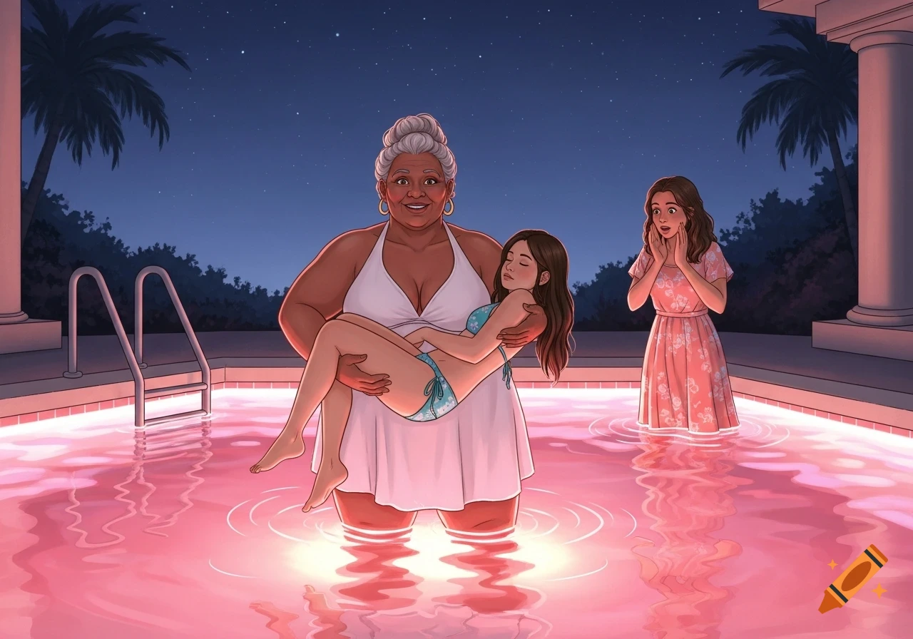 Illustrated: An older woman carries a bikini-clad young woman in a glowing pink pool at night. Another woman watches, surprised.