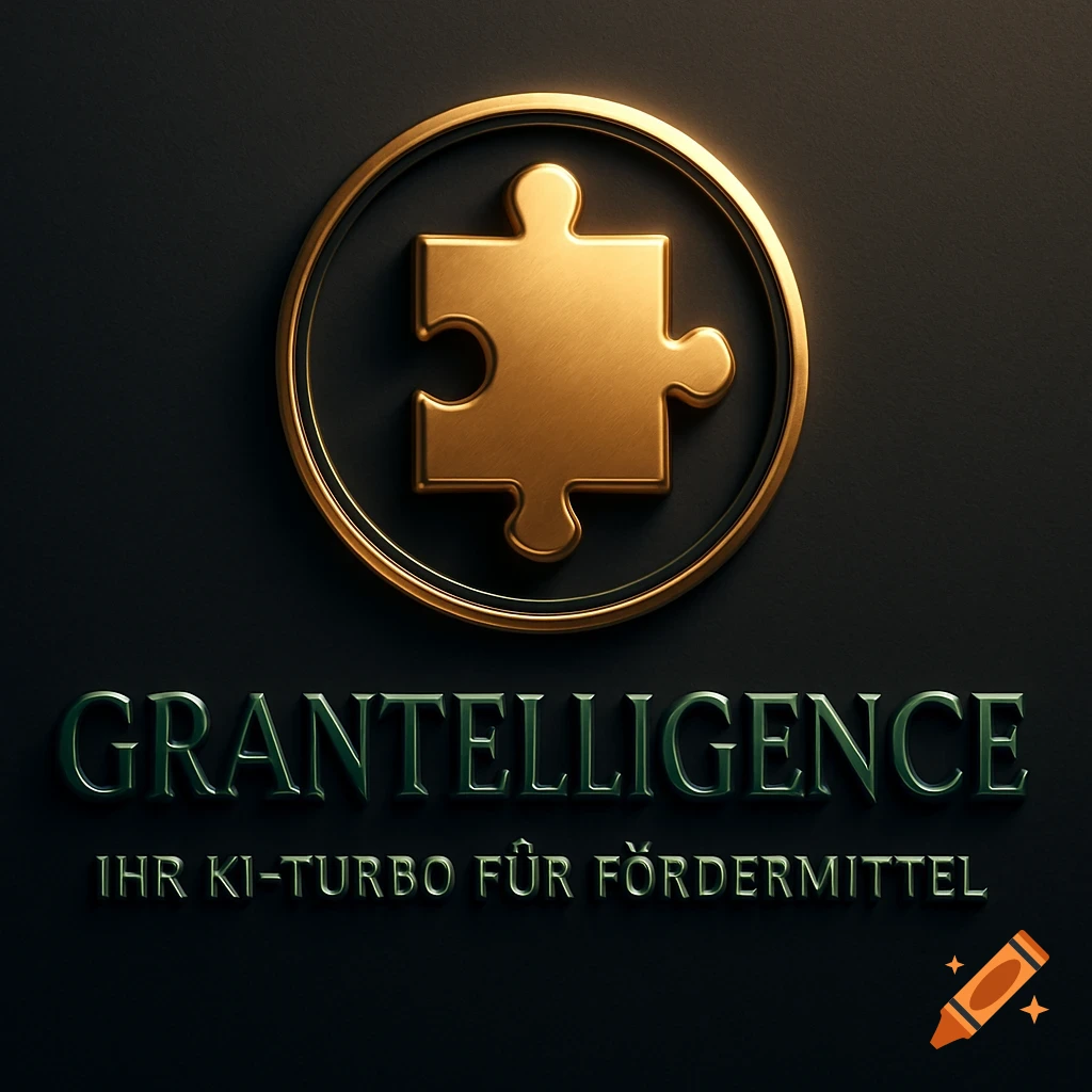 3D gold puzzle piece in a circular logo above 'GRANTELLIGENCE' and slogan text on a dark background.