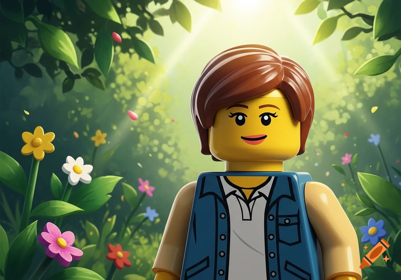 A smiling female Lego minifigure with brown hair and a blue jacket stands in a vibrant forest with colorful flowers and dappled sunlight.