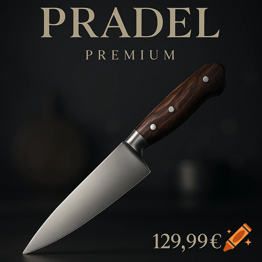 Photorealistic chef's knife with dark wood handle and 'PRADEL PREMIUM' text, priced at '129,99€' on a dark background.