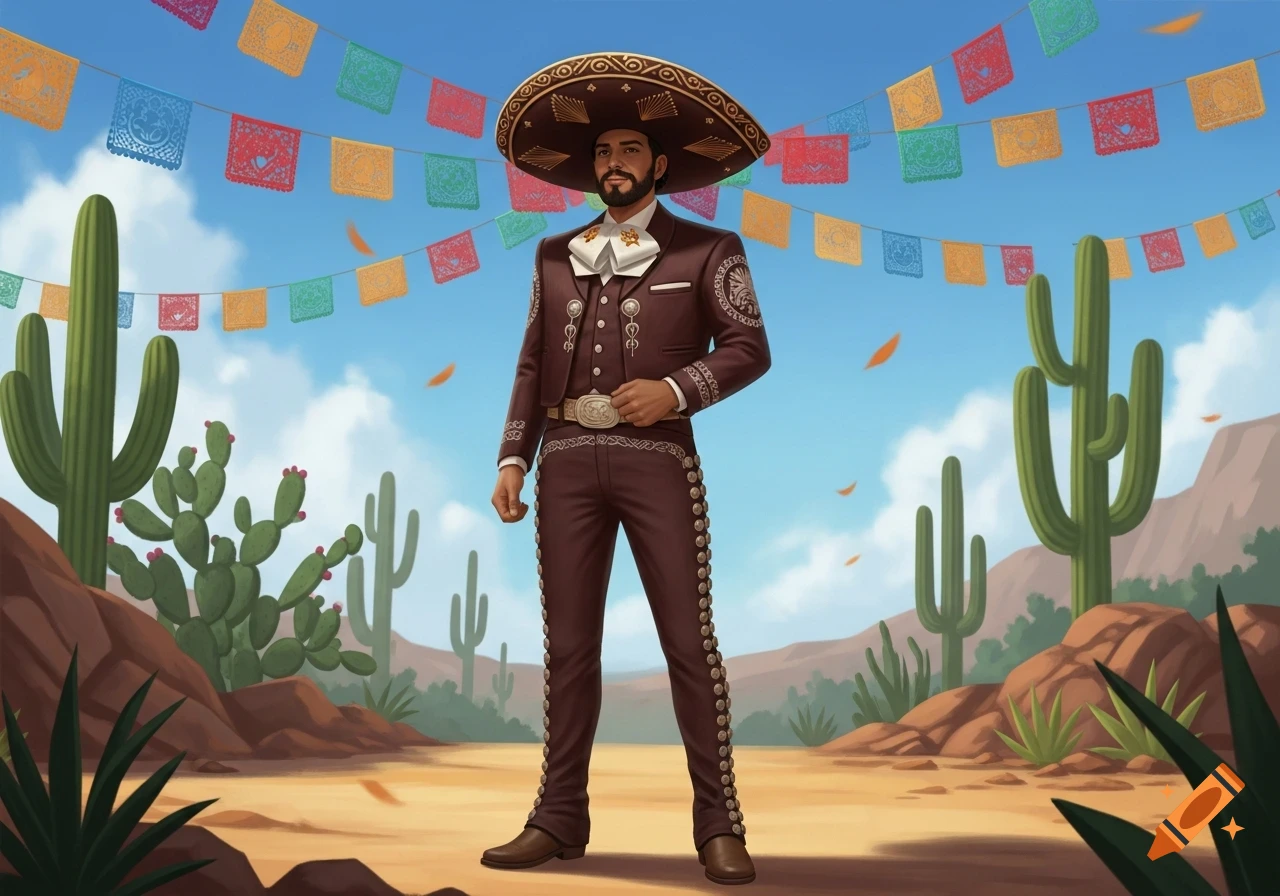 A man in a brown charro suit and sombrero stands in a desert landscape with cacti and colorful papel picado banners under a blue sky.