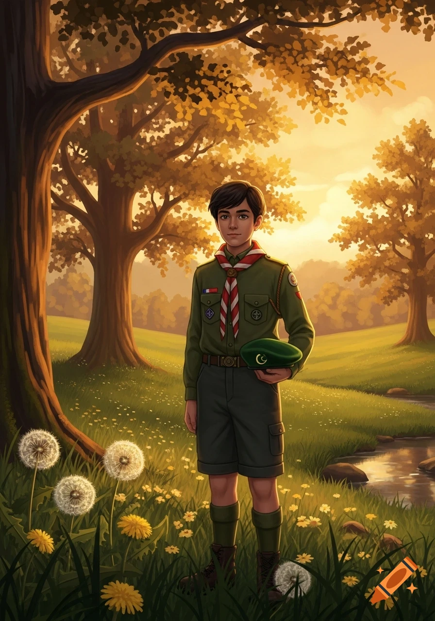 An illustrated boy in a green scout uniform holding a beret, standing in a sunny meadow with trees and a stream.