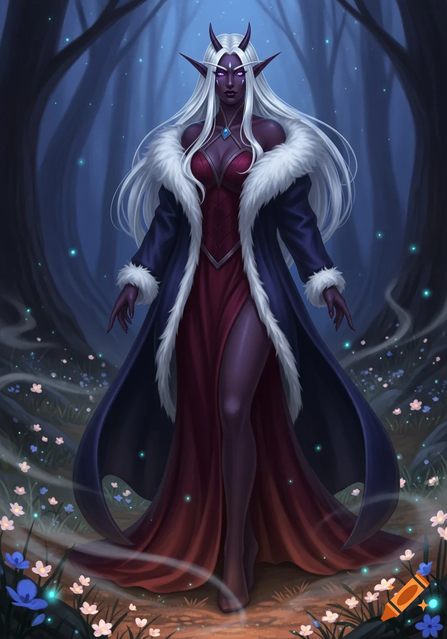 A dark elf woman with white hair, purple skin, and glowing eyes in a red dress and fur coat, stands in a magical forest.
