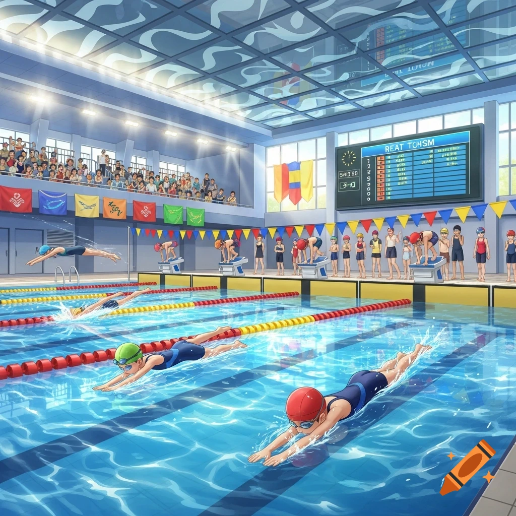 A drawing of children competing in a school swimming competition in an indoor pool with spectators and a scoreboard.