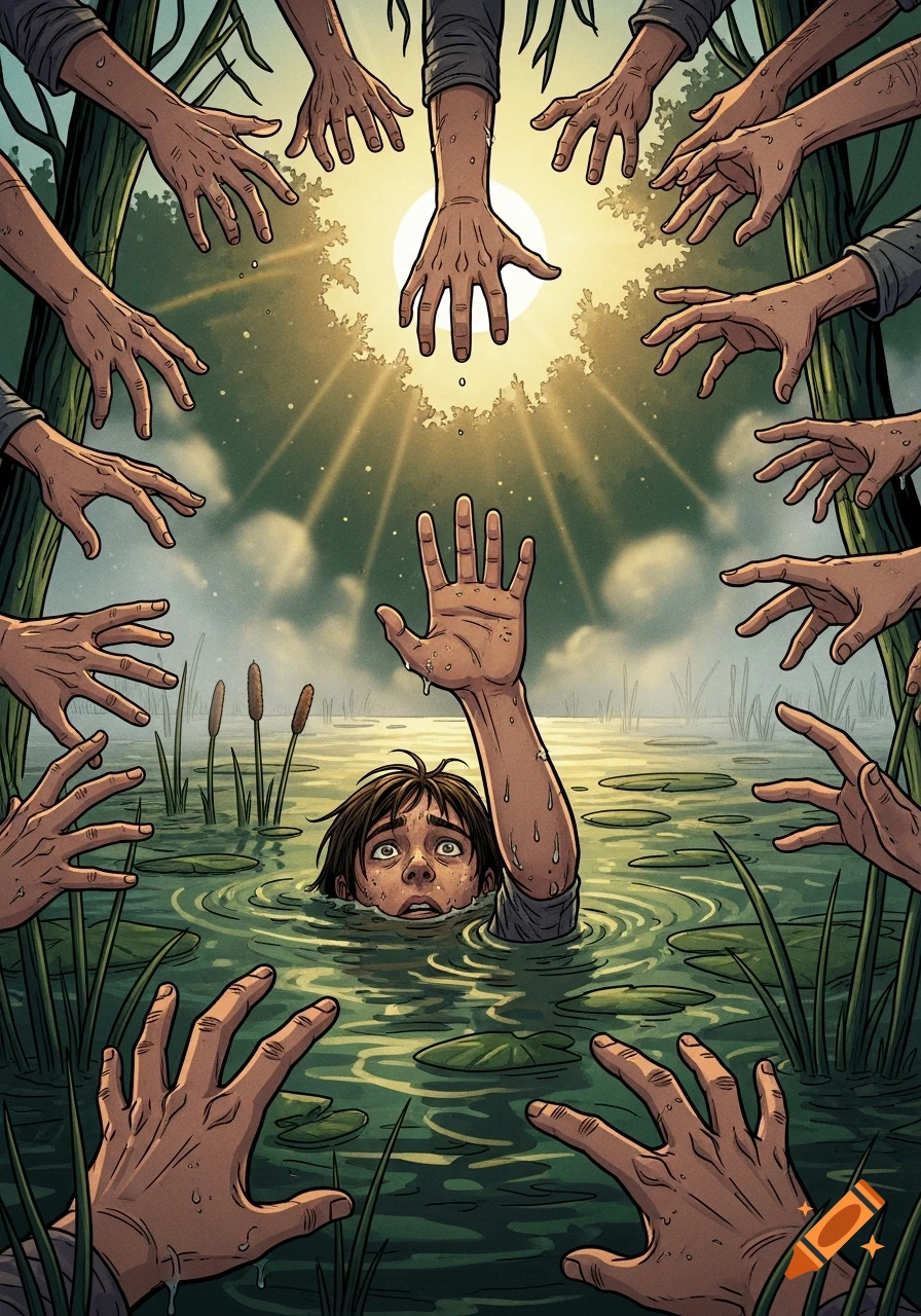A person struggles in a murky swamp, reaching for numerous hands extending from above and sides, in a dramatic comic art style.