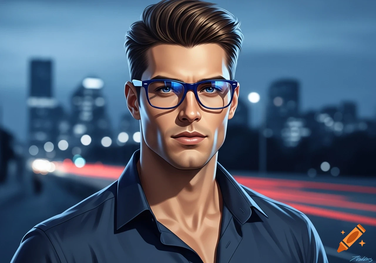 A stylized portrait of a man with brown hair, blue eyes, and blue glasses wearing a blue shirt, against a blurred city night background.